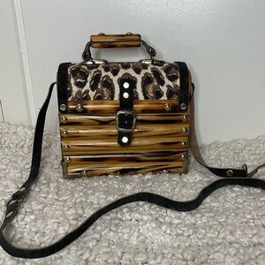 Vintage Wood and Leopard Print Crossbody Bag Purse